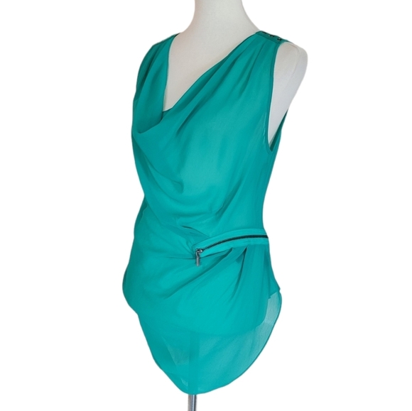 Bebe Y2K Turqouise Green Sheer Ruched Side Zipper Cowl Neck Top - Picture 2 of 7